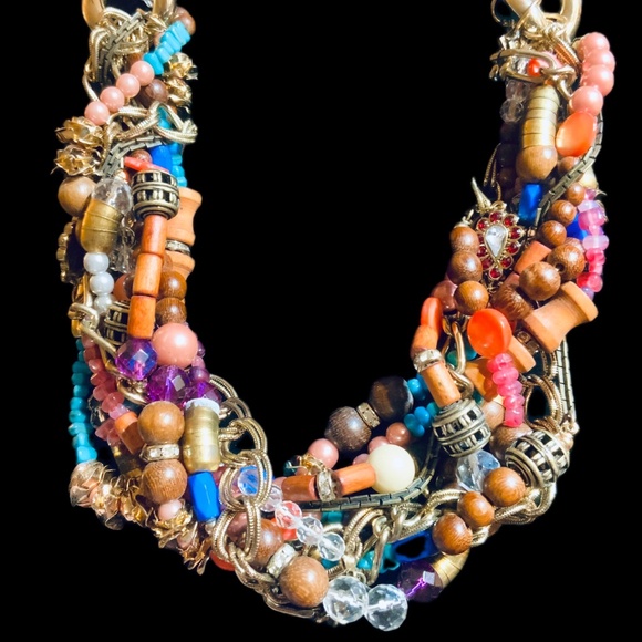 Multi Strand🩷SOLD🩷 BEADED CHUNKY STATEMENT NECKLACE SEQUIN ⭐️ NWT WOOD GLASS - Picture 4 of 14